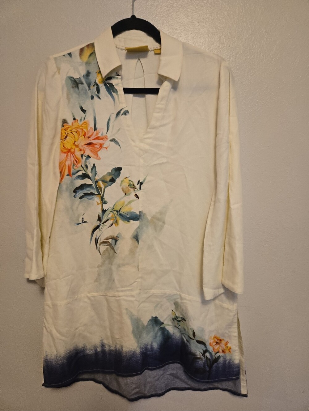 Maeve Linen Blend Tunic Top White Floral XS